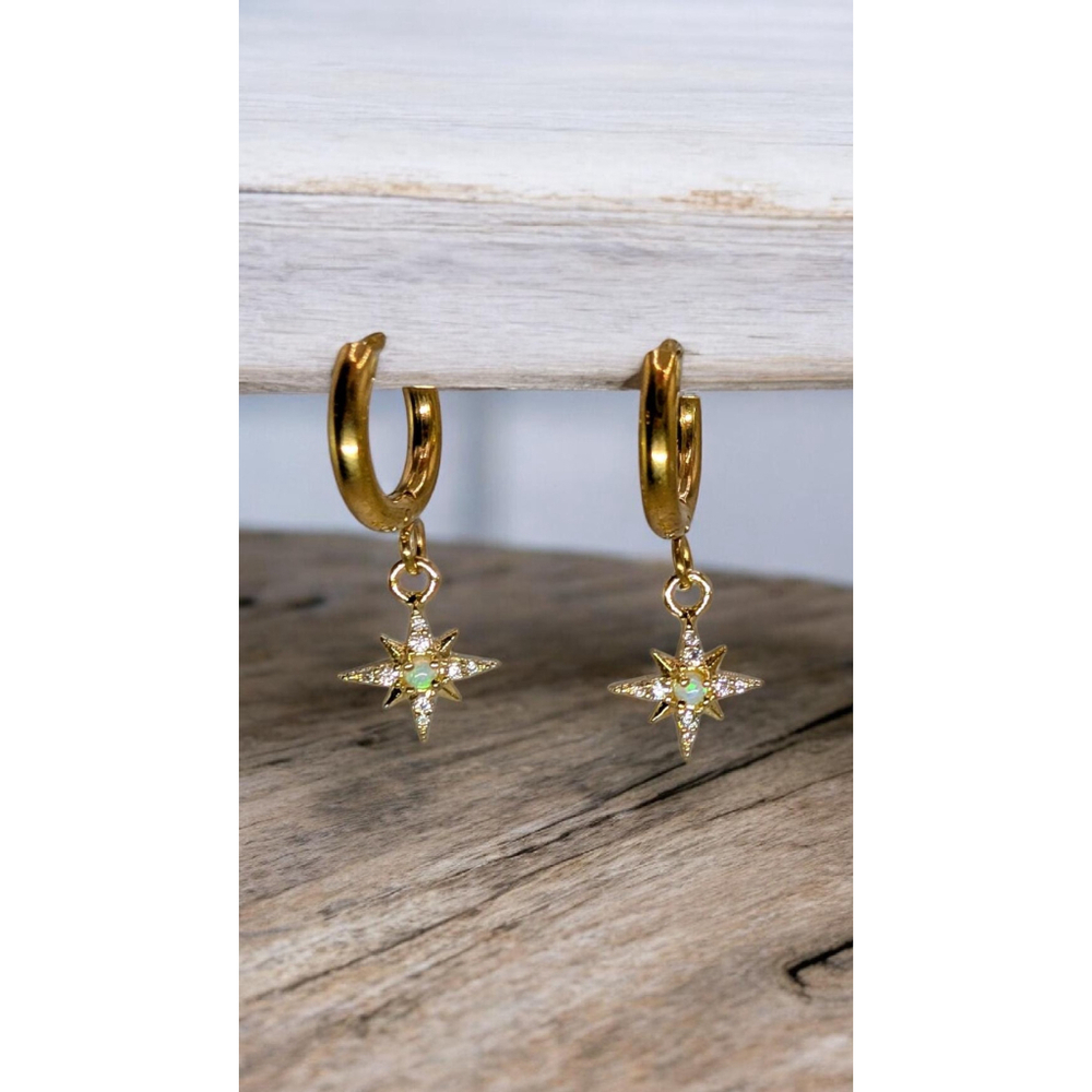 d Plated Star Opal Huggie Earrings – White Lab Created Opal & CZ Star